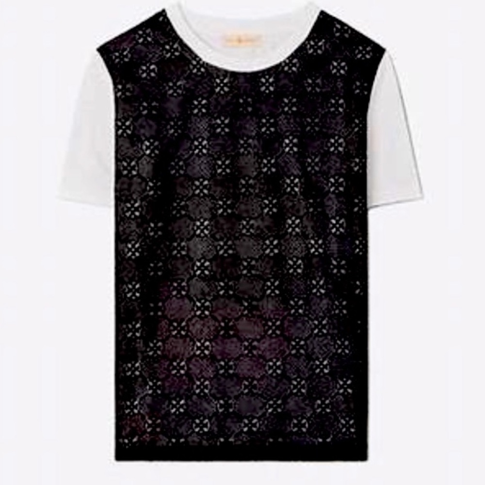 TORY BURCH LOGO LACE T-SHIRT WITH EMBROIDERED OVERLAY